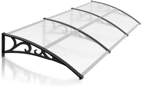 Cecaylie Auvent pour porte de maison, auvent 300 x 100 cm, toit en arc transparent, en polycarbonate, 6 mm, support en PP, protection solaire