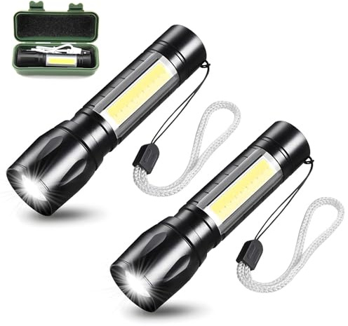 2 Pcs LED Torch Rechargeable Super Bright Adjustable Focus with 3 Modes | Small Torch with 3. 7V-4.2V Voltage Waterproof Flashlight Torch, for Power Cut Camping Hiking Dog Walking Outdoor Emergency