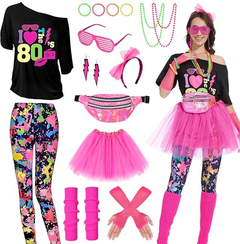 Aragallant 80er Jahre Outfit Damen, Mottoparty 80er Jahre Kostüm, Karneval Kostüm mit T-Shirt, Tutu, Stirnband, Gürteltasche, Ohrring, 80er Neon Party Kostüm für Mädchen