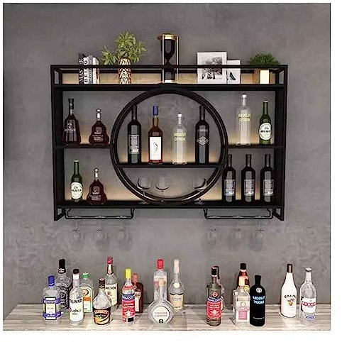 Estante de vino montado en la pared con soporte para copas de vino, estantes flotantes, estante de exhibición de almacenamiento de vino para decoración del hogar, cocina, bar, color negro (120 x 15)