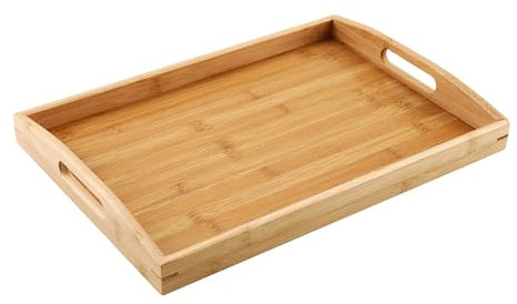 BUCOMTU Bandejas para Servir Comida, Bandeja Rectangular con Asas Bambú, Madera Natural, 40x28x4cm, Bandeja de Carga Multifuncional para Mesa de Desayuno y café