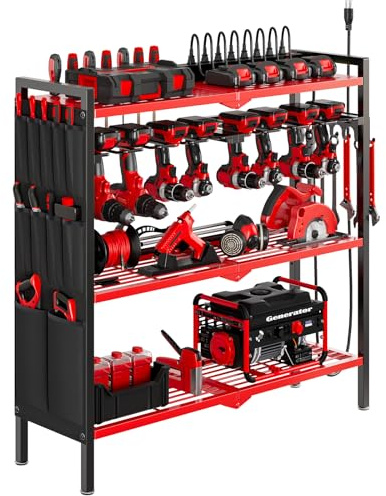 NattyDot Large Power Tool Organizer Cart with Charging Station 8 Drill Holder Garage Storage Standing Heavy Duty and Stability Storage Rack Utility Tool Shelf (Red)