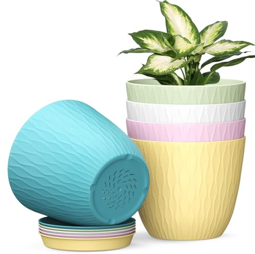 Homeuouz 5 Packs Blumentopf mit Bewässerungssystem, 15.3cm Pflanzentopf mit Bewässerungssystem, Übertopf mit Untersetzer, Blumentöpfe Set Ideal für Innen und Balkongärten, Bunt