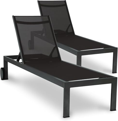 acamp Sonnenliege wetterfest Rimini 2er-Set | Verstellbare Rückenlehne | Aluminium-Gestell mit 2 Rollen | Bezug aus atmungsaktivem Gewebe | Gartenliege mit hohem Liegekomfort | Anthrazit