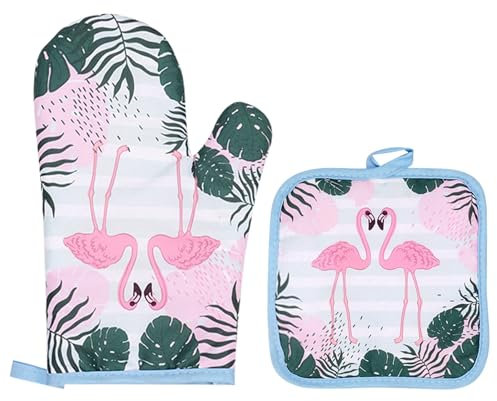 Oven Gloves and Pot Holders 2pcs Potholders and Oven Mitts Heat Resistant Oven Gloves Kitchen Hot Pads Baking Gloves Set Kitchen Accessories for Cooking Barbecuing BBQ (Flamingo)