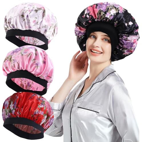 KEYRI 4 Stück Schlafhaube Satin zum Schlafen Bonnet Haarhaube Satin-Schlafmütze Weiche und Bequeme Haarhaube Lockenhaube Sleep Cap Hat Hut für Lange Haare Die Nacht Weiche Bonnet (Mehrfarbig)