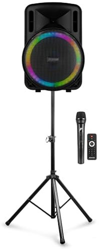 Fenton FT15LED MK2 15 Portable PA System with Wireless Microphone, Bluetooth, LED Woofer Lighting & Adjustable Tripod Speaker Stand – 800W