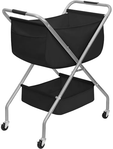 STORAGE MANIAC Collapsible Laundry Cart with Wheels 31.5H Rolling Laundry Hamper Clothes Basket with Wheels, Canvas Liner Sturdy Steel Frame Folding for Small Narrow Space Easy Storage, Black