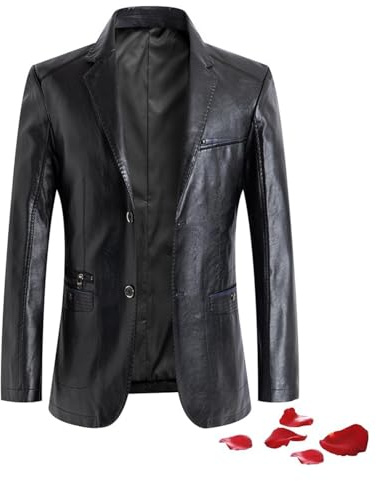 POIOZXD Blazer de cuero para hombre con solapa clásica de 2 botones, chaqueta de cuero negro con bolsillos, Negro, M