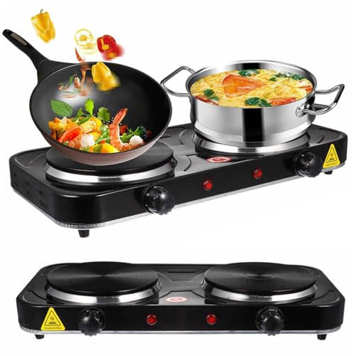 Ccarzzi Electric Hob 2000W Portable Electric Hot Plate with Double Hotplates for Cooking, Independent Adjustable Dual Temperature Controls, for Home Camping Travelling