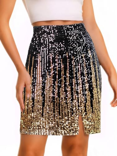 Paillettenrock, glitzernd, hohe Taille, dehnbar, figurbetont, Minirock, Party, Ausgehen, Clubwear für Damen, Schwarz Gold, Mittel