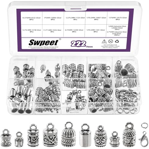 Swpeet 222pcs 9 Stile tibetische antike Cord End Caps mit Hummerverschlüsse und Jump Rings Kit, Legierung Crimp Tube Barrel End Tipp, Kleber in Leder Cord End Tassel Caps für Armband Herstellung