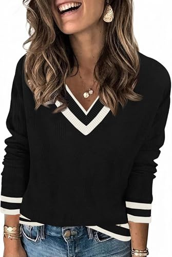 Saodimallsu Damen Pullover Langarm V-Ausschnitt Strickpullover Leicht Gestreifte Strick Tops Lässig Basic Pulli Herbst Winter Oberteile