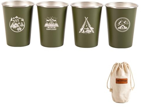 PKRANZYHKAL Lot de 4 Tasses Camping en Inox 304 (350ml) - Mugs Isothermes Café/Gobelets Bière Éco-Responsables - Ultra-Légères,Design Anti-Confusion+Housse Cuir Optionnelle,1ps,ARMY GREEN,BAG