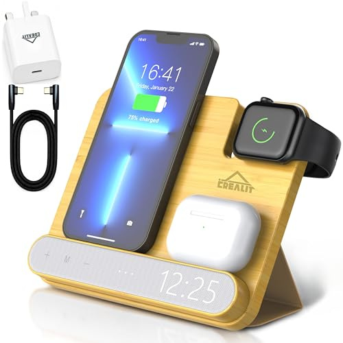 Apple Wireless Charging Station 3 in 1 with Clock & 30W Adapter–Qi Charger for iPhone 8–16, Apple Watch, AirPods–Compatible with Samsung–Bamboo/Walnut Wireless Charger (Bamboo)