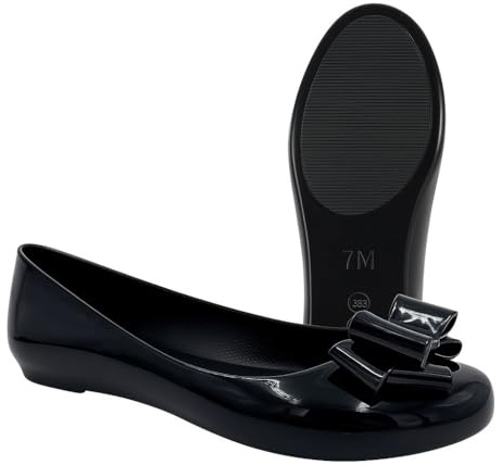 Moelund Women’s Jelly Ballet Flats – Black Slip-On Ballerina Shoes with Bow, Comfortable Closed-Toe Casual Pumps for Work, School & Everyday Wear Patent Black UK-5