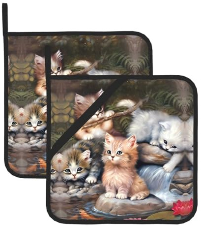 Set di presine con stampa di piccoli gatti, presine resistenti al calore, confezione da 2 guanti da cucina per forno, barbecue, microonde