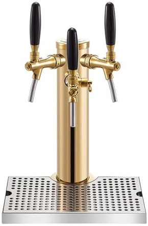 JSDQQG Kegerator Tower, Stainless Steel Beer Tower, Faucet Draft Beer Tower for Home Brewing, Gold, Single Faucet/Double Faucet/ 3 Faucets,3 Faucet+drip tray