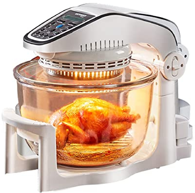 10L Halogen Infrared Convection Oven with Removable Glass Bowl, Multicooker with Time & Temperature Controls for Roasting, Frying, Toaster and Crisping