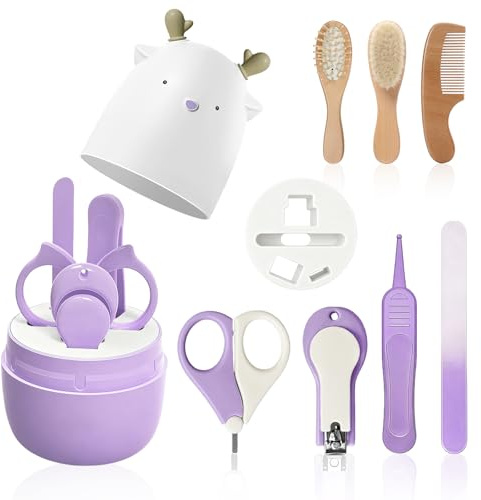 HAGOT Set per la Cura del Bambino 7 in 1 con Custodia Carina, Tagliaunghie, Forbicine, Lima, Pinzette e Sspazzola in Silicone, Set per la Cura del Bambino e Dei Neonati