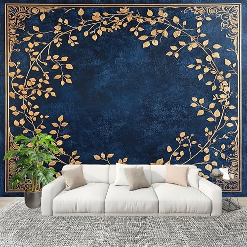 Soggiorno Murale Adesivi da Parete 300x210cm Vitigni Dorati D'Epoca Effetto 3D Murales Carta da Parati in Tessuto non Tessuto Blu Scuro Poster Design per Sala Giochi Corridoio Lounge Pareti