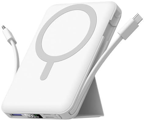 Azmuth for Magsafe Power Bank, 10000mAh Magnetic Battery Pack 20W | Portable Charger 20W PD Fast Charging with USB-C Cables, LED Display with Stand for iPhone 17/16/15/14/13/12 Series (White)
