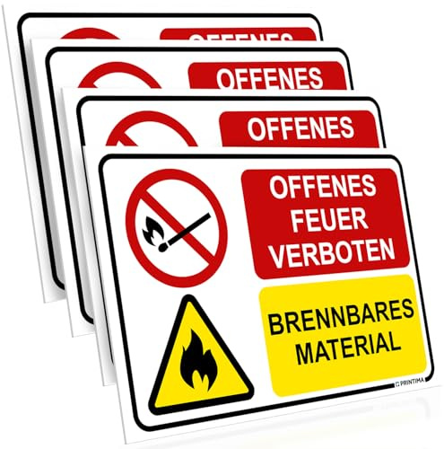 PRINTIMA 4x Schild OFFENES FEUER VERBOTEN – BRENNBARES MATERIAL 32x21 cm – Warnschild aus PCV mit Befestigungsset – Kennzeichnung für feuergefährliche Bereiche & Lager