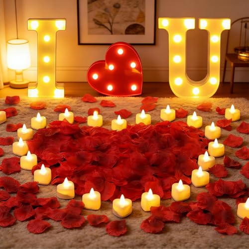 LED Buchstaben Romantik Deko Set - 3 Leuchtbuchstaben | 2000 Künstliche Rosenblätter, 24 Herzförmige LED-Kerzen, Für Valentinstag und Hochzeitstag, Tischparty-Dekoration