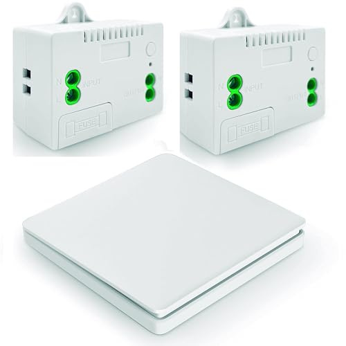 DOMO-MATIC Interruptor de luz cinetico inalámbrico RF de pared y controlador Rele 10A con fusible sin cablear, pulsador sin pila (2 Receptor + 1 interruptor)