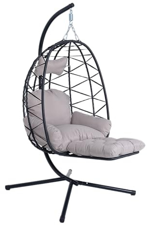 Hängesessel mit Gestell & Fußstütze, Klappbarer Egg Chair Outdoor, Belastbar bis 200 kg, PE Rattan Hängesessel für Balkon, Garten & Terrasse (Schwarzer Rahmen)
