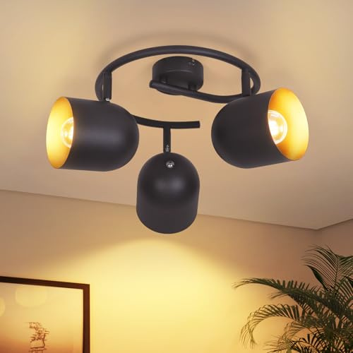 Kowanie Deckenstrahler 3 flammig Deckenleuchte E14 : Vintage Deckenlampe | Küche in Schwarzgold Deckenspots rund Strahler Wohnzimmer industrie 350° schwenkbar für Esszimmer Flur - Ohne Leuchtmittel