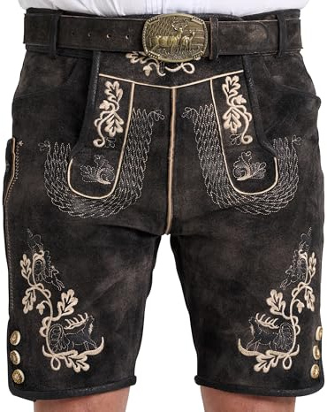 SYMPHONIE WESTERWALD Lederhose Herren kurz aus echtem Leder mit Gürtel | Echtes Full-Grain-Leder mit Gürtel und traditionellen Stickereien, ideal für Oktoberfest und Trachtenfeste