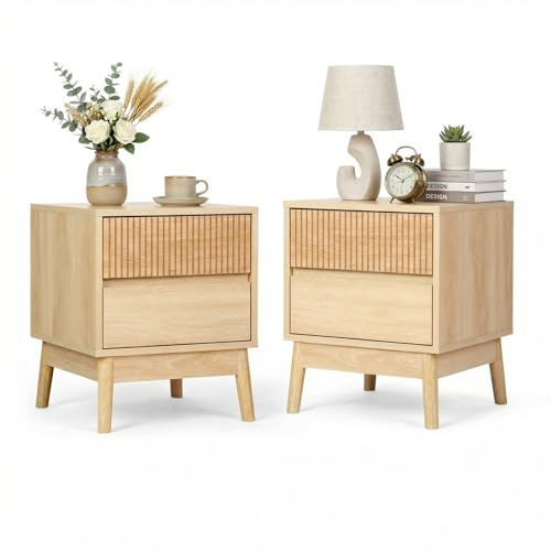 VOWNER Nachttisch 2er Set Holz mit 2 Schubladen, Moderner Boho Nachtschrank, Beistelltisch Couch mit Lagerung, für Schlafzimmer, Wohnzimmer, 50 x 40 x 40 cm