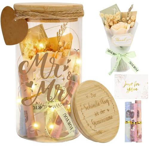 Hochzeitsgeschenke Spardose für Brautpaar und Frisch Verliebte mit Trockenblumen, Anhänger und Card, Hochzeit Just Married Personalisiert Geldgeschenke Hochzeit Hochzeitskasse Spardose (Mr & Mrs)