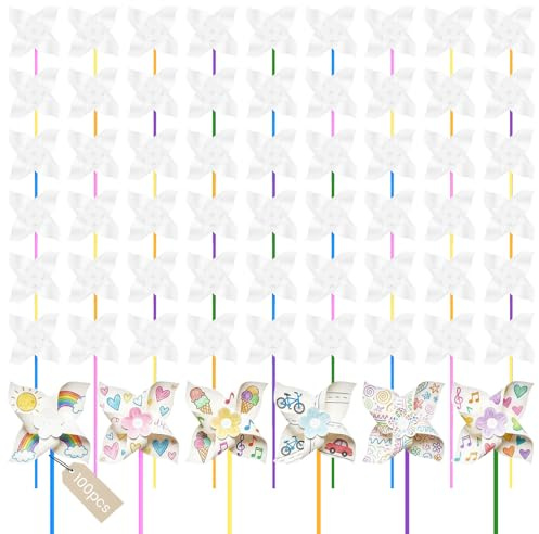 Gatphy 100Pcs DIY Pinwheel Kit Blank Paper Pinwheels Craft Kit with Sticks Clips Flowers Inserts Color Your Own Windmill Bulk Summer Spring Easter Craft Set for Party Classroom Activity Decoration