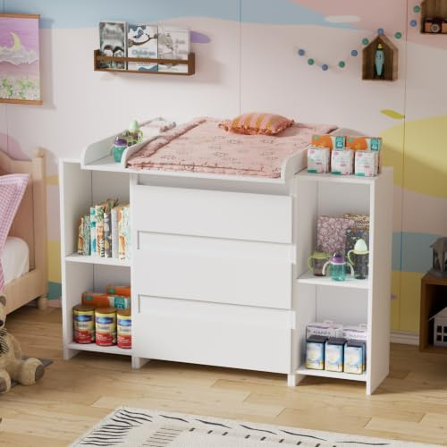 MSFE 2-in-1 Wickelkommode mit abnehmbarem Wickelaufsatz,Baby Wickeltisch&Kommode mit 3 Schubladen und 6 Regalfächern für Kinderzimmer und Schlafzimmer,73x70x78CM/113x32x70CM,Weiß（Ohne wickelauflage)