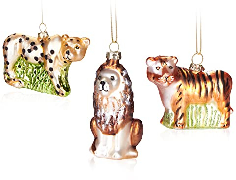 BRUBAKER 3-teiliges Baumkugel Set Raubkatzen Safari - Handbemalte Weihnachtskugeln Löwe, Leopard und Tiger - Mundgeblasener Christbaumschmuck aus Glas - Baumschmuck Lustig