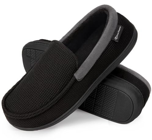 EverFoams Men's Comfort Memory Foam Moccasin Slippers Breathable Terry Cloth House Shoes with Anti-Skid Rubber Sole Dark Black 9 UK
