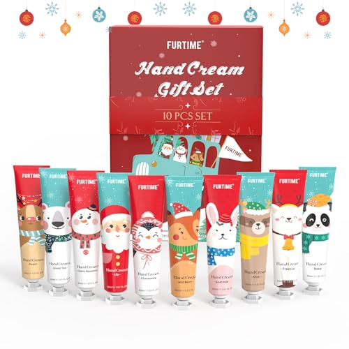FURTIME Handcreme Mini Set, 10 Pack Handcreme Mini Weihnachten für Sehr Trockene Hände, Weihnachtsgeschenke, Kleine Geschenkset für Frauen und Männer, Hände Fuß Feuchtigkeitscreme
