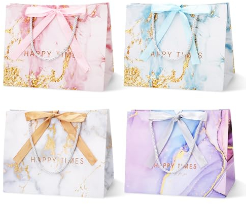 GOTFUN 4 Stück Papiertüten mit Schleifenbändern, 25x20x12cm Geschenktüten mit Henkel, Marmor Geschenktaschen Partytüten Geschenk Tüten für Hochzeit Feier Party Weihnachten Geburtstag