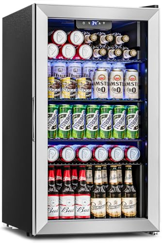 Feelfunn Beverage Refrigerator Cooler - 126 Can Mini Fridge Glass Door for Drinks Soda Beer Wine - Small Refrigerator for Office Bedroom Home Bar, 4 Adjustable Shelves, 3.2 Cu.Ft, Silver