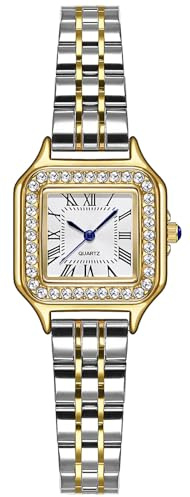 ADSBIAOYE Guldklockor för kvinnor läckra fyrkantiga vintageklockor lyxiga damer diamant accentklänning rostfritt stål armband klocka analog kvarts vattentät klocka, 1 Två toner, Elegant mode