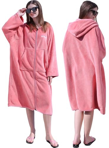 Hiturbo Surf Poncho Zipper Towel Hoodie: Oversized Hooded Wetsuit Changing Robe with Pocket - Plush Coral Fleece Swimwear for Home Beach Pool Bath - Pink