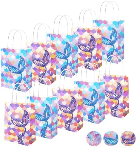 AMFUN 10 Stück Meerjungfrau Party Taschen, Meerjungfrau Papiertüten mit Henkel, Meerjungfrau Gastgeschenke Tüten, Mitgebseltüten, Meerjungfrau Geschenktüten mit Aufklebern, 15 * 8 * 21 cm