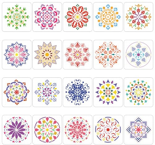 Luxvara 20 Piezas Plantillas de Mandala, Reutilizables DIY Pintura Plantillas Decorativas, Plantilla para Pintar Paredes, Painting Stencils Manualidades para Pared Lienzo Scrapbook, 20x20cm