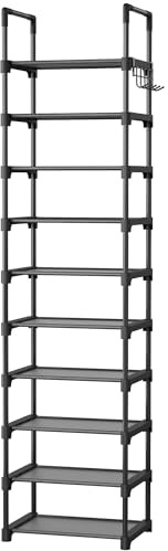 Kitsure Schuhregal – 10-stufiger Schuhschrank mit abnehmbaren Stoffregalen und Metallrahmen, hohes Schuhschrank schmal für Schrank, Eingangsbereich, 174.0cm x 43.0cm x 30.0cm, Schwarz