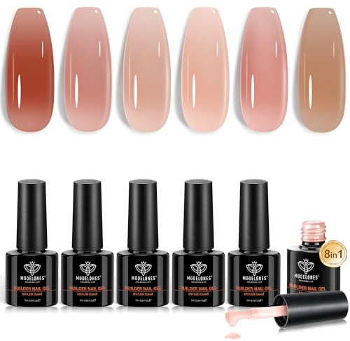 Modelones 8 in One Builder Gel, 6 Farben Rosa Nude Braun Aufbaugel für Gelnägel, Hard Gel Builder Nagelverlängerung Quick Extension, Uv Nagellack Soak Off UV Nägel für Nagelstudio Maniküre Set