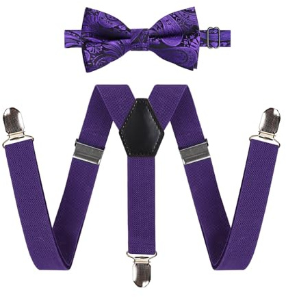 Alizeal 2.5cm Elastic Adjustable Braces 3 Clip X-Back Suspender and Bow Tie Set for Kids, Dark Purple