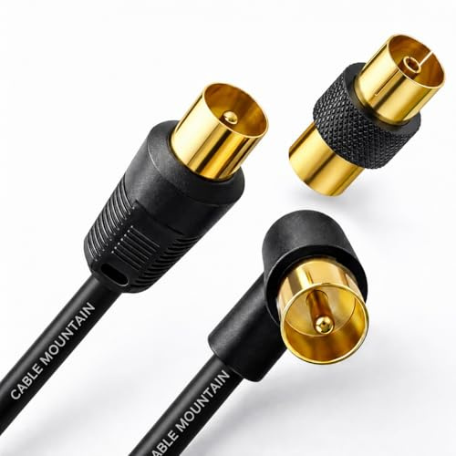 Cable Mountain 2m Right Angle TV Aerial Cable, Gold Plated, Black | 90° Coaxial RF Lead, 75 Ohm IEC 9.5mm | Flush Wall Plate | Freeview, Sky, Virgin, BT