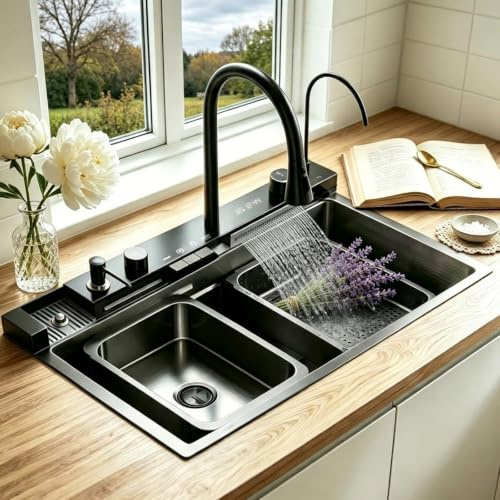 DSMRLEOP Fregadero de cocina grande de 85 x 50 cm, diseño de cascada, acabado en acero inoxidable negro, 1 lavabo, fregadero con grifo extensible todo en uno, lavavajillas para vasos y escurridor